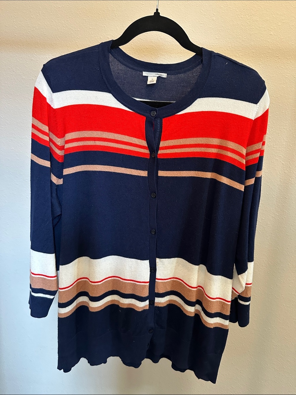Halogen Navy Striped Button-Front Women's Sweater - Navy, Red, White & Tan